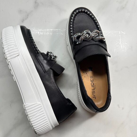 J/Slides Women's Willa Black Leather Platform Modern Slip On Loafer Size 7 - Picture 1 of 13
